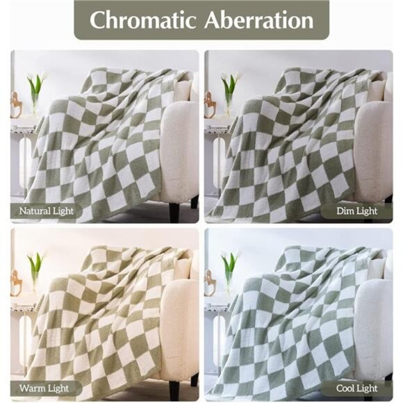 WRENSONGE Checkered Throw Blanket, Sage Green Microfiber Soft Cozy Fluffy Warm - Picture 3 of 7